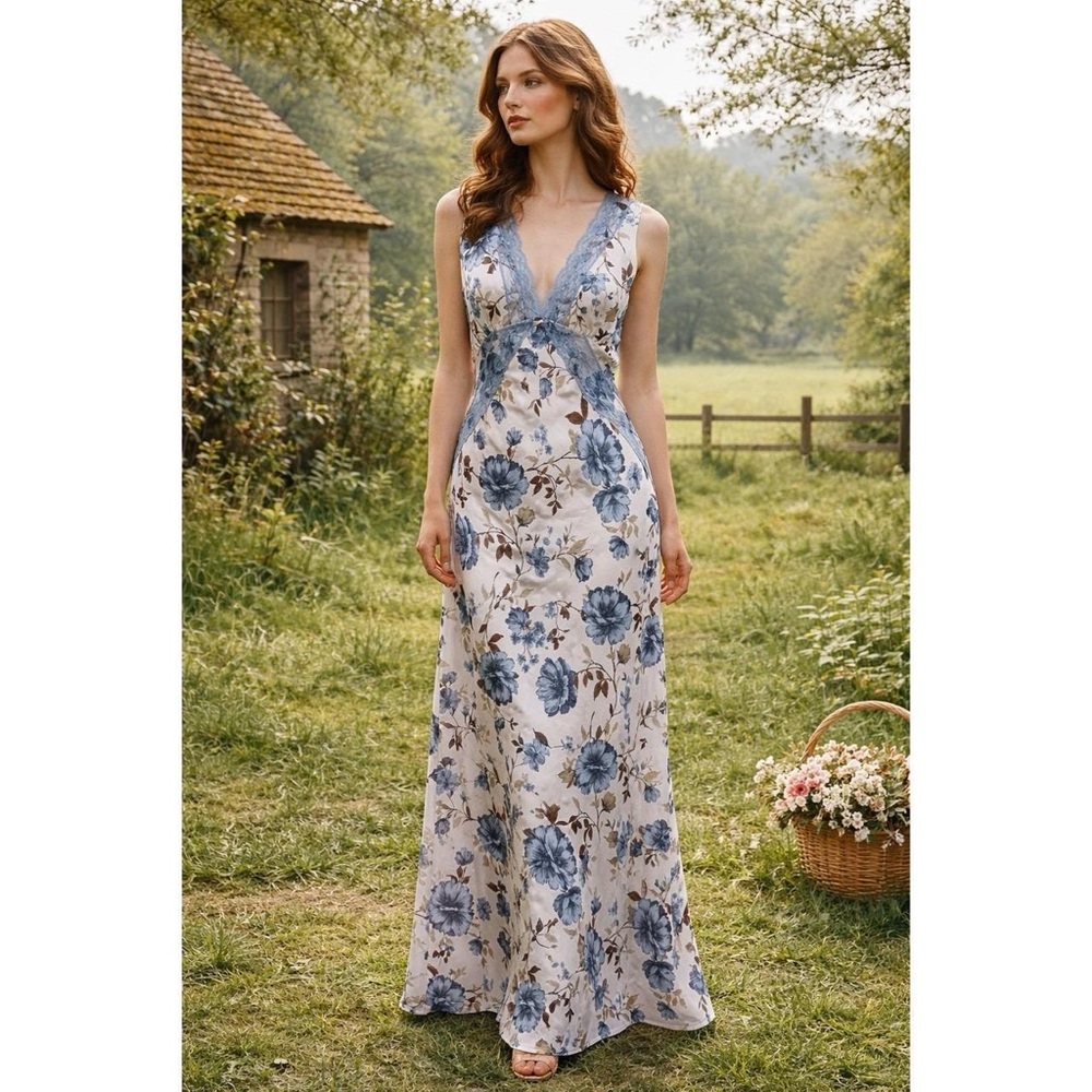 🆕 Sincerely Jules Blue Floral Lace-Trim Maxi Dress